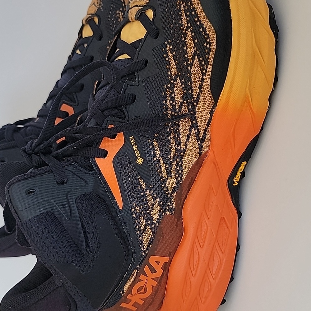 Hoka Speedgoat 5 Mid GTX Gore-Tex WATERPROOF Hiking Boots Black / Orange Yellow - Picture 12 of 12